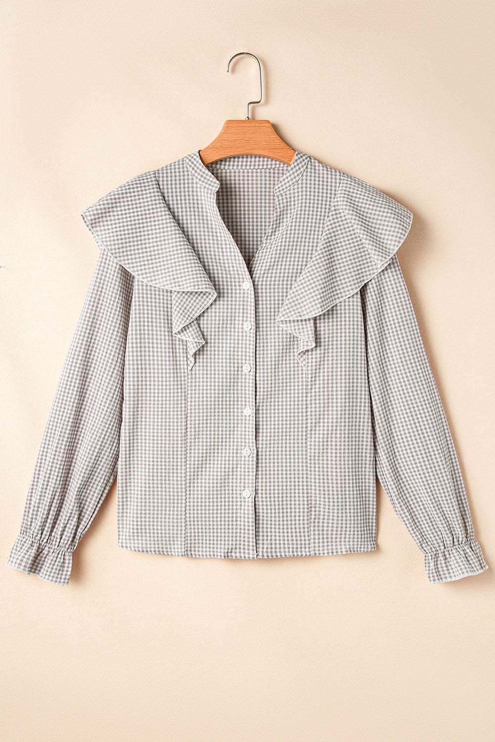 Brown Plaid Flounce Sleeve Notched Neck Ruffled Shirt - Love Salve